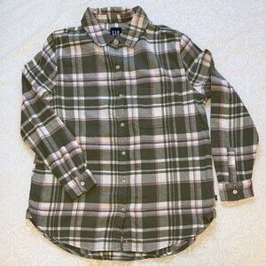 NWT GAP Women's Olive and Pink Plaid Button Down Boyfriend Flannel Shirt - Small